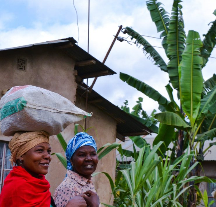 two girls walking near the concrete house
