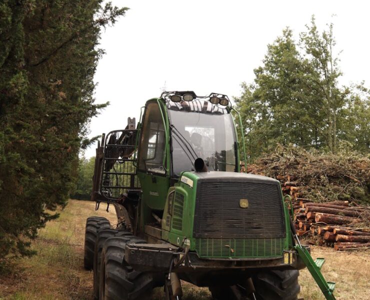 green forestry machine in a woodland area